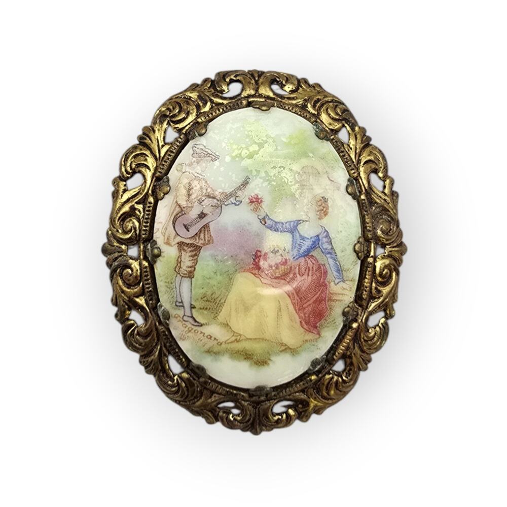 Hand-Painted Courting Scene Brooch 1950s Western Germany